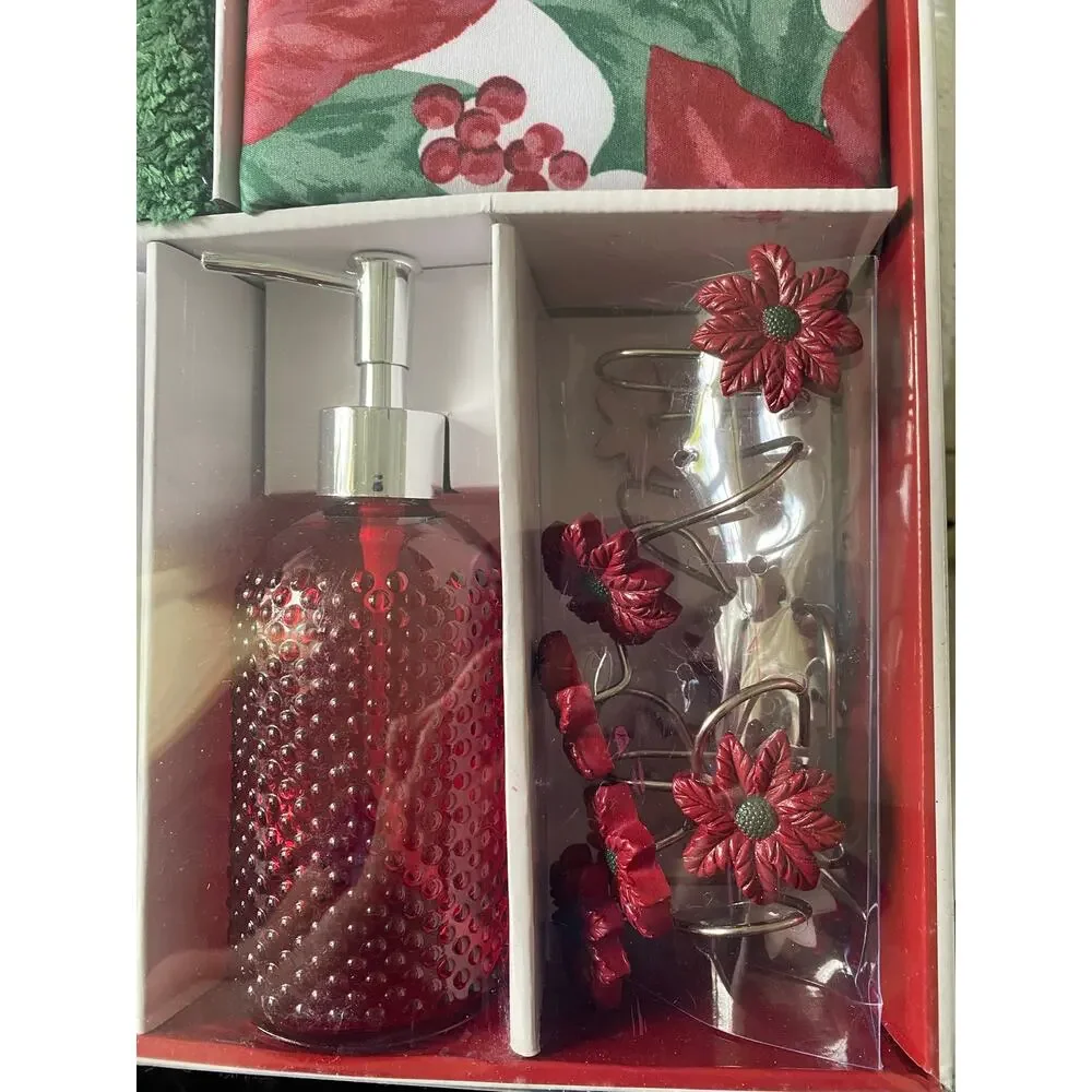 Holiday Time 5 Piece Bathroom Set featuring a poinsettia design. New